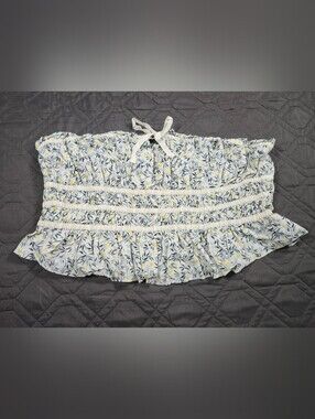 H&M White Floral Smocked Tube Top V-shaped peplum hem Size XXL